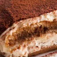 Tiramisu · Italian classic with lady fingers, espresso coffee and mascarpone cheese.