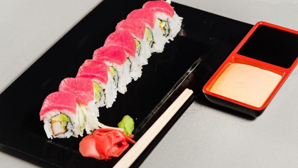 Kung Fu Roll · Kani, avocado, and cucumber, topped with tuna.