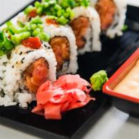 Mexicana Roll · Spicy tuna, spicy salmon, and crunch, topped with jalapeños.
