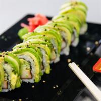 Green Dragon Roll · Kani, avocado, cucumber, and wrapped with avocado.