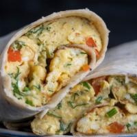 Healthy Omelet Wrap · Crispy egg whites, sweet grilled onions, fresh spinach and roasted peppers within your choic...