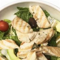 Grill Chicken Salad · Grilled breast of chicken over romaine lettuce, avocado, cherry tomatoes, gorgonzola cheese ...