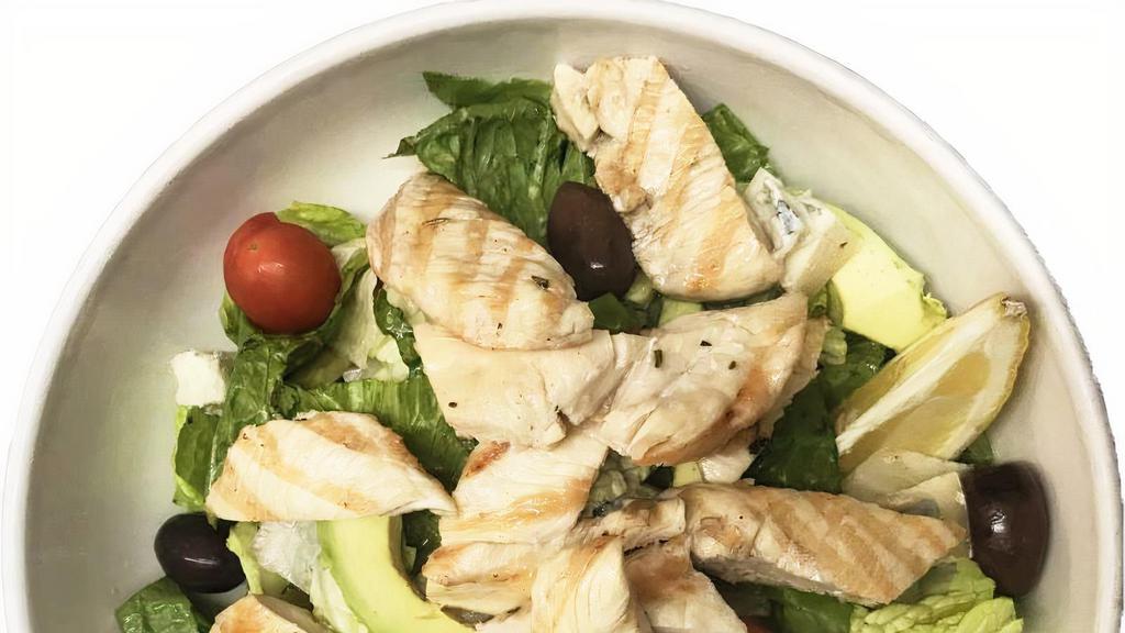 Grill Chicken Salad · Grilled breast of chicken over romaine lettuce, avocado, cherry tomatoes, gorgonzola cheese and black olives in lemon vinaigrette.