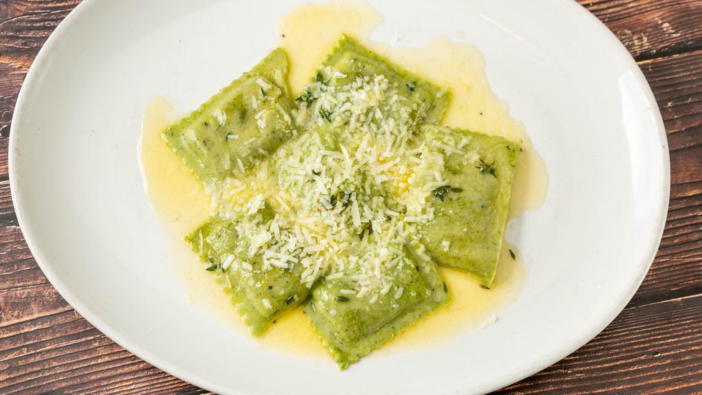 Ravioli Di Carciofi · Abruzzi. Spinach ravioli filled with braised artichoke, brown butter and thyme.