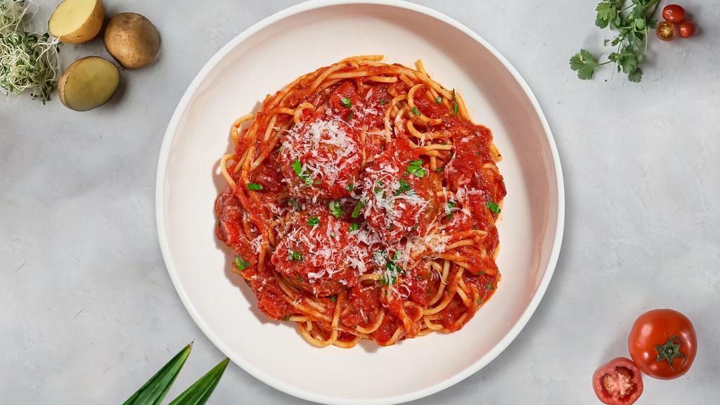 Spaghetti Meatierites  · Fresh spaghetti pasta cooked in tomato sauce topped with meatballs, black pepper, parsley, and mozzarella.