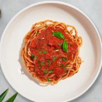Spaghetti Marinara Madness · Fresh spaghetti pasta cooked in marinara sauce topped with black pepper, parsley, and mozzar...