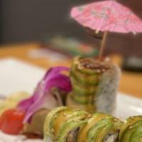Dragon Roll · Eel & Cucumber topped with Avocado & Eel Sauce