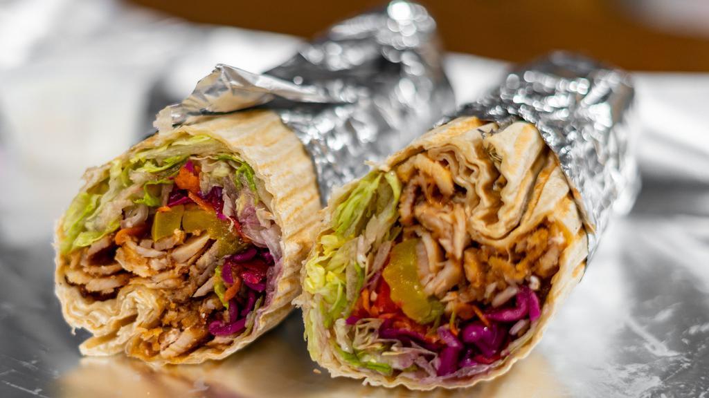 Chicken Gyro With Wrap · comes with lettuce, tomato, cucumber, red cabbage, white and hot sauce