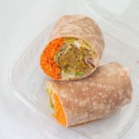 Veggie Burger Wrap · Whole wheat wrap with shredded lettuce, carrots, and homemade veggie burger.