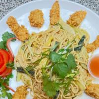 Crispy Chicken Noodle · wheat noodles, crispy chicken, cucumbers, lettuces, cilantro, sesame seeds and scallions, to...