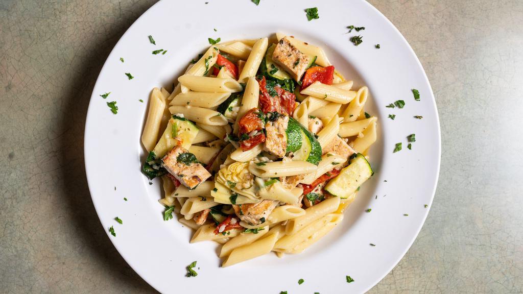 Penne Primavera · Served with grilled chicken breast and sautéed fresh vegetable in a garlic and oil sauce.