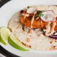 Baja Seared Fish Tacos · avocdo, cabbage slaw, chipotle mayo, corn tortillas