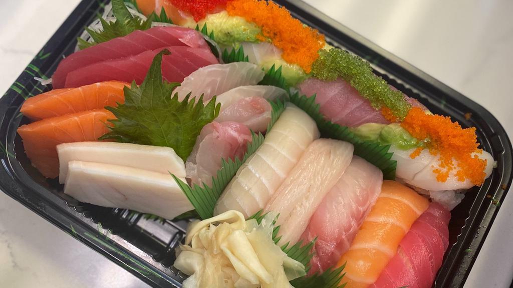 Sushi Sashimi Combo · Five piece sushi, ten piece sashimi and rainbow roll.miso soup and salad