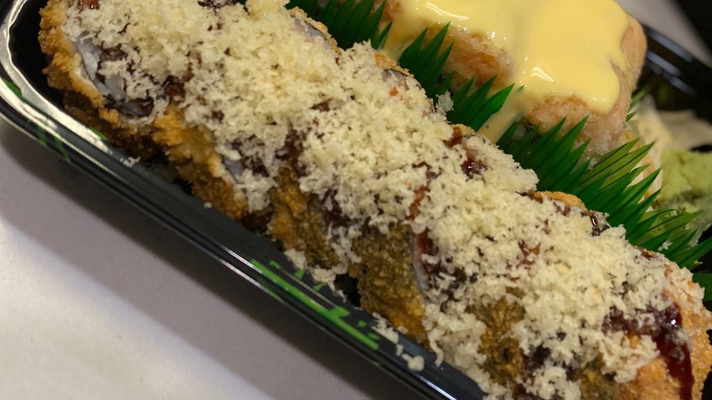 Crispy Spicy Tuna Roll · In: spicy tuna and avocado out: deep fried with eel sauce and crunch.