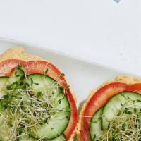  Hummus Bagel-Bagel Topped With Hummus, Refreshing Cucumber And Tomato Slices,  Bean Sprouts. · A toasted bagel topped with hummus, refreshing cucumber and tomato slices, and crunchy bean ...