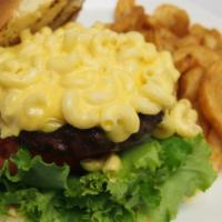 Mac N Cheese Burger · Angus beef, American cheese, applewood bacon, lettuce, tomato, onion, topped with mac n chee...