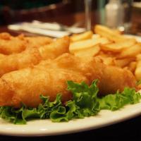 Fish N Chips · Fresh Atlantic cod, beer battered, fried to golden brown and served with steak fries, colesl...