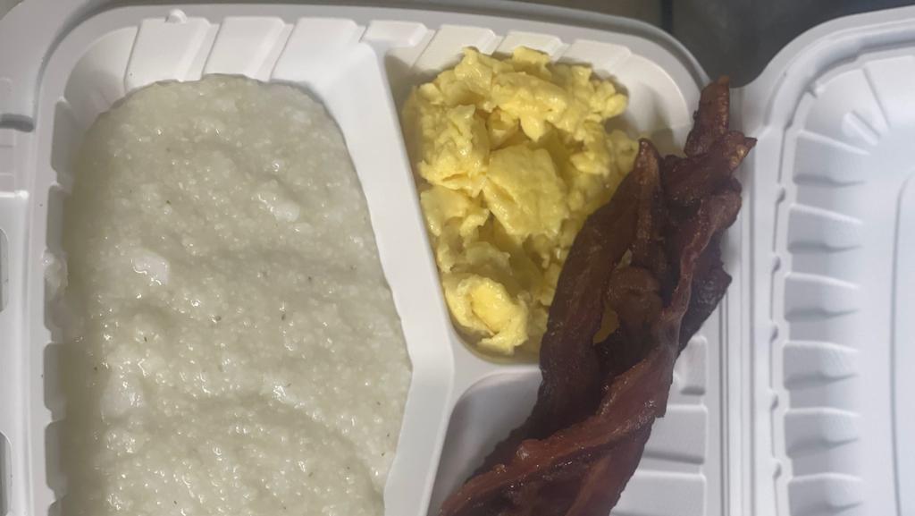 Combo 3 · Bacon, grits, two eggs, choice of white or wheat toast.