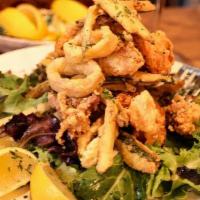 Fritto Misto · Floured and deep fried calamari, shrimps, baccala’, Zucchini, served W/mix Green and lemon