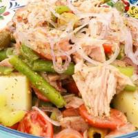 Insalata Pantesca · Olive oil cured fatty tuna filet in extra v. olive oil, green beans, cherry tomato, capers, ...