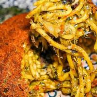 Pasta Con Sarde A Timballo · Durum flour “Spaghetti Setaro”, fresh Portuguese sardine, wild fennel, pine nuts, racine, sa...
