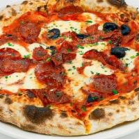 Pizza Diavola · Tomato sauce, mozzarella, Calabrese ‘Nduja, spicy salami, black olives, parsley