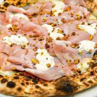 Pizza Mortadella · Mortadella, mozzarella, pistachio & arugula pesto, stracciatella