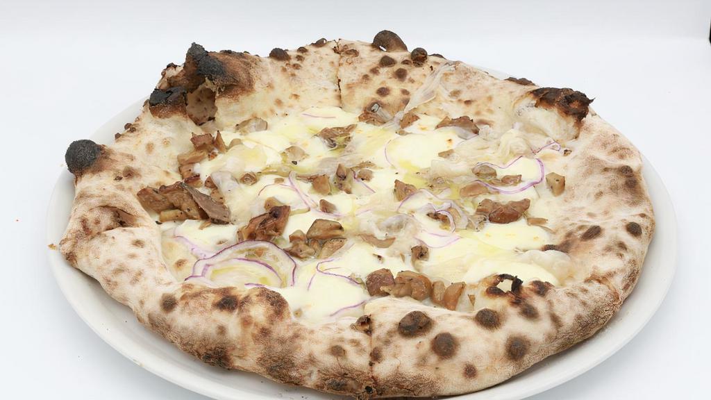 Pizza Porcini · Fresh Italian porcini mushrooms, mozzarella,  Caciocavallo Ragusano, lardo di Colonnata, red onions, truffle oil