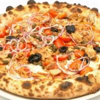Pizza Tonno · Cherry tomatoes, mozzarella ,olive oil cured tuna, onions,  cappers, black olives, parsley, ...