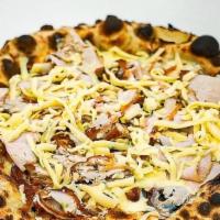 Pizza Funghi & Porchetta · Our roasted porchetta, mozzarella,  mix sautéed mushroom, provolone cheese, red onions
