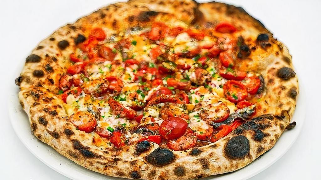 Pizza Rianata · Fresh candy tomatoes, anchovies, garlic, parsley, pecorino cheese, oregano
