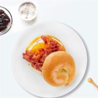 Cheese & Bacon Bagel · Toased bagel topped with cream cheese and bacon.