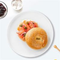 Row Lox Cream Cheese Bagel · Toased bagel topped with Lox cream cheese.