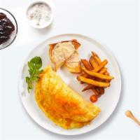 Two Eggs Omelette · Two eggs cooked in your choice of preparation.  Served with a side of home fries and toast.