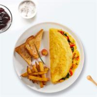 Fresh Veggie Omelette · Eggs cooked with mixed vegetables and cheese as an omelette. Served with a side of home frie...
