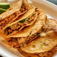 Chicken & Cheese Combo · Four chicken birria tacos with cheese and a small consome (broth) for dipping or sipping.
