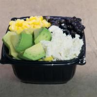 Fiesta Quinoa Bowl · warm quinoa cooked with roasted corn, onions, bell peppers, black beans & topped with queso ...