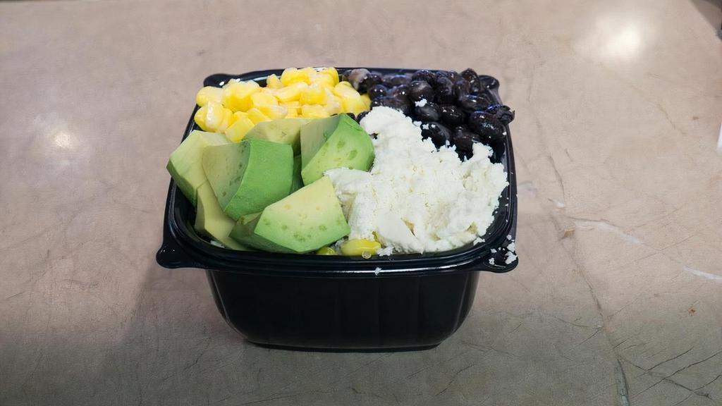 Fiesta Quinoa Bowl · warm quinoa cooked with roasted corn, onions, bell peppers, black beans & topped with queso fresco cheese, pico de gallo & avocado. Vegetarian or Vegan without cheese.