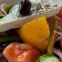 Greca Salad · Gluten free. Heirloom tomatoes, English cucumbers, red onion, kalamata olives, green peppers...