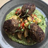 Lamb & Beef Kofta · Ground lamb & beef with chickpeas, eggplant, tomatoes, grilled zucchini and caramelized shal...