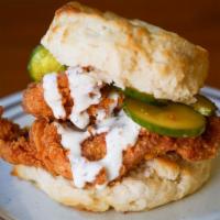 Chicken, Pickles & Ranch Biscuit · Two Fried Chicken Tenders on a House made Biscuit with Ranch and Pickles.