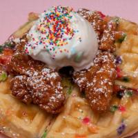 Dreams Waffle Signature · Confetti waffle and 2 scoops and 2 toppings.