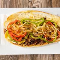 Philly Cheese Steak (Hero) · Beef or chicken steak with sautéed onions and peppers, melted American cheese.