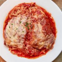 Chicken Parmigiana With Pasta · Homemade Italian marinara sauce, melted  Mozzarella. Linguine, Penne, Rigatoni, Angel hair o...