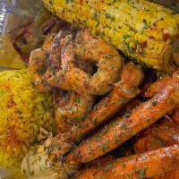 Bae Tray · Two large crab clusters veggies, corn, potatoes seven jumbo shrimp.