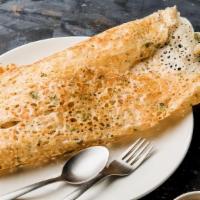 Rava Onion Chili Dosa · Cracked wheat crepe with onions, chilli and spices. Served with sambhar, coconut and garlic ...