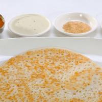 Plain Uttapam · Rice lentil pancake. Served with sambhar, cocnut chutney and garlic chutney
