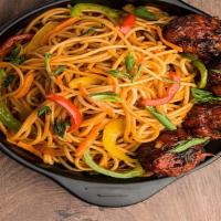 Noodles With Manchurian · Noodles mixed with veg, chilly & garlic with vegetable dumplings