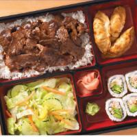 Beef Bento · Comes with steamed white rice, garden salad, california rolls (4), dumplings (3). noodles, f...