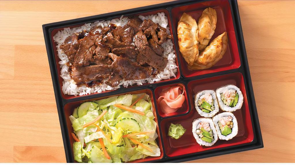 Beef Bento · Comes with steamed white rice, garden salad, california rolls (4), dumplings (3). noodles, fried rice, brown rice are available for an additional cost. 810 calories-970 calories.